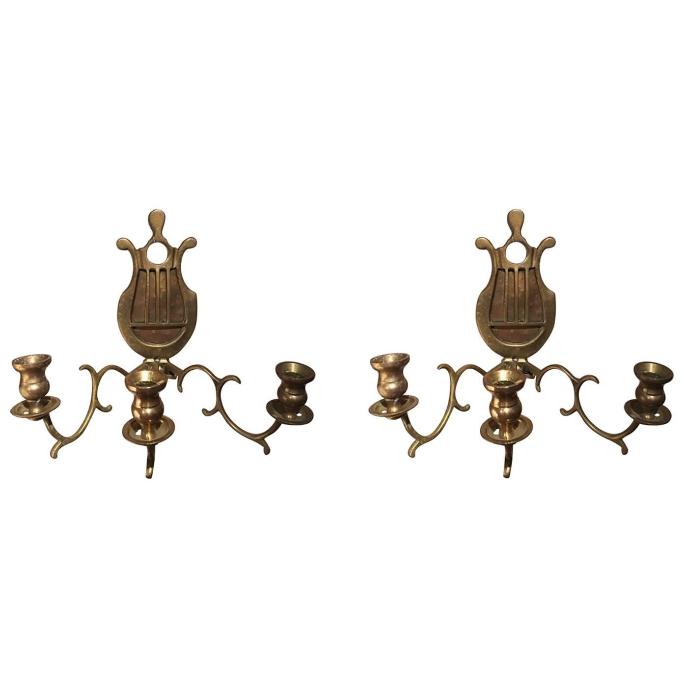 Pair of Brass French Three Candle Sconces, 19th Century For Sale