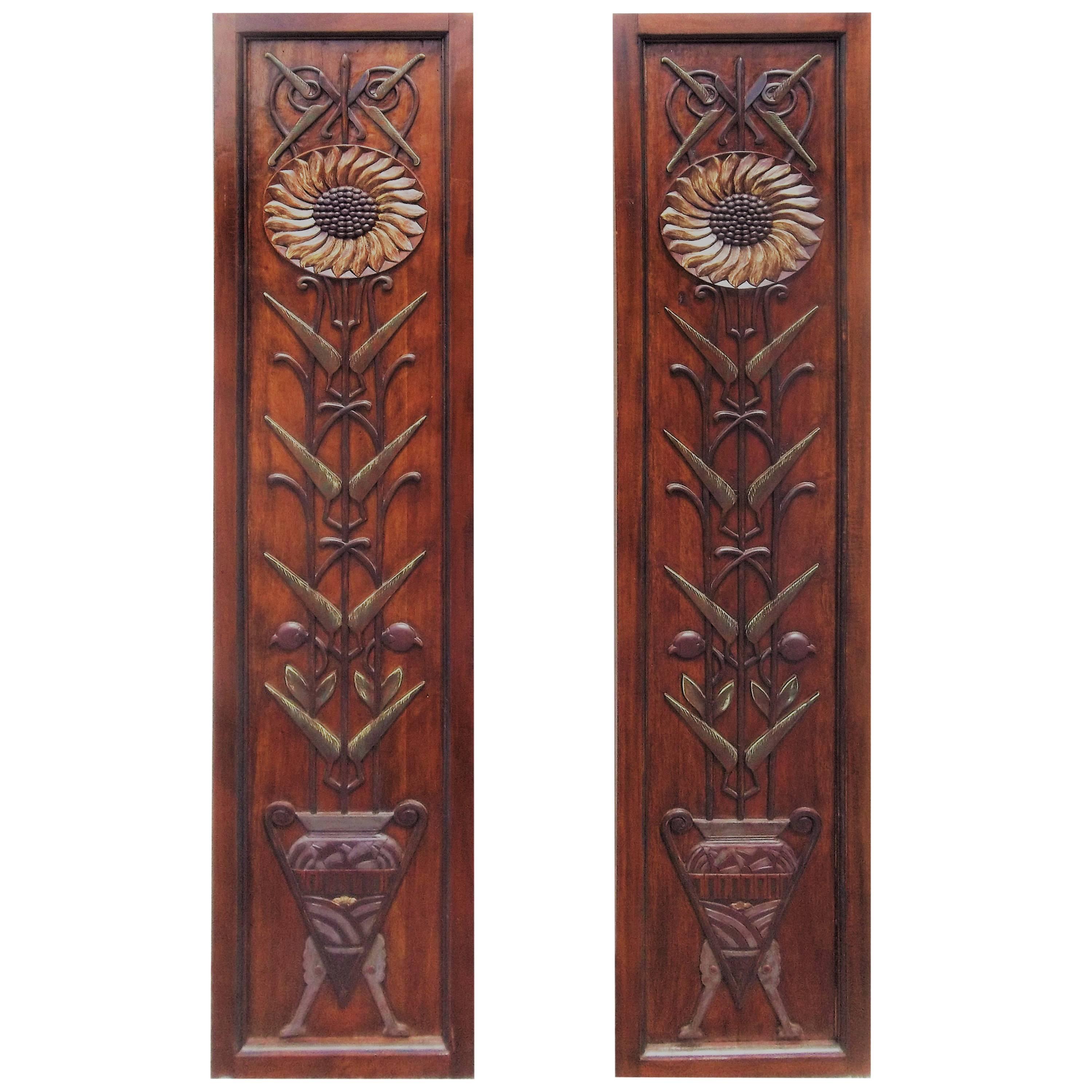 Pair of Carved Art Deco Motif Decorated Hanging Mahogany Wall Panels at