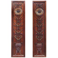 Pair of Carved Art Deco Motif Decorated Hanging Mahogany Wall Panels