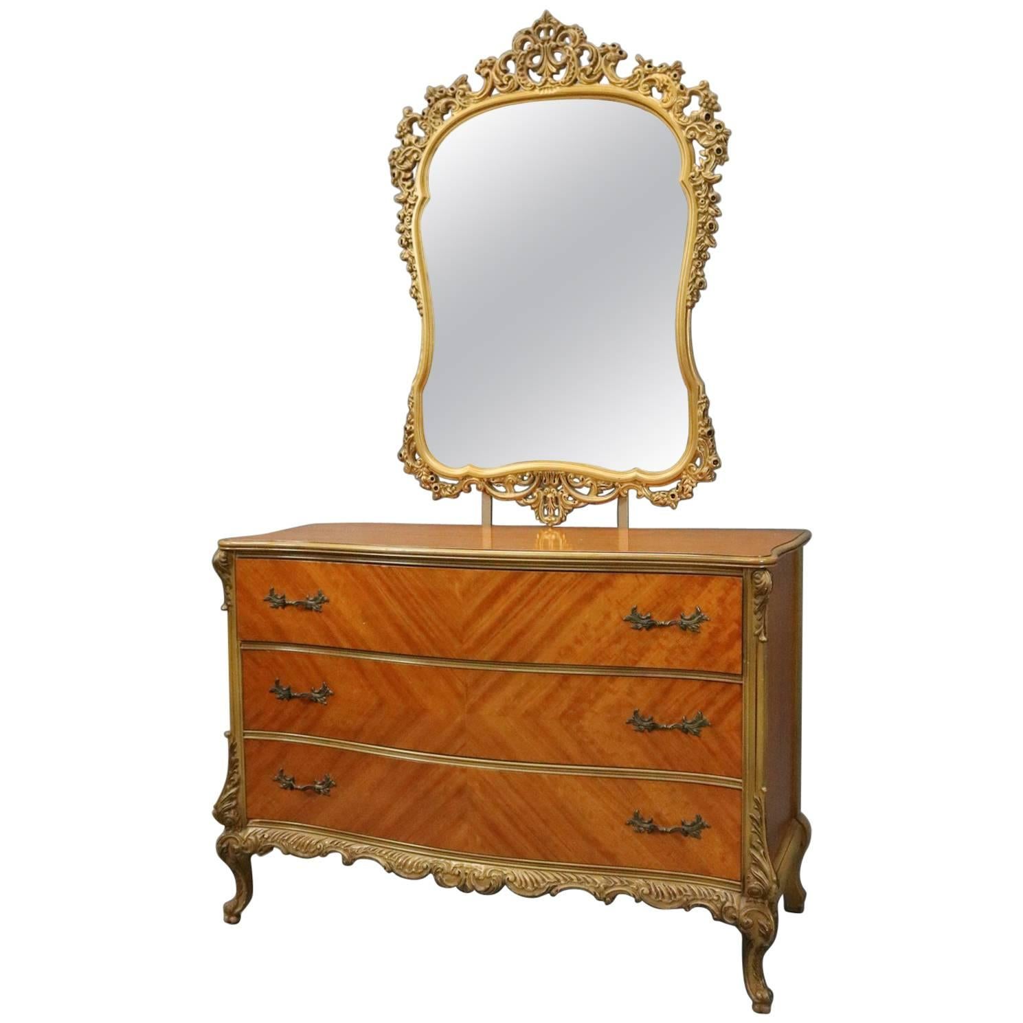 Vintage French Style Satinwood & Bronze Three-Drawer Dresser with Foliate Mirror
