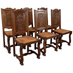 Antique Oak Set of Six French Kitchen Dining Chairs, Rush Seats, circa 1910