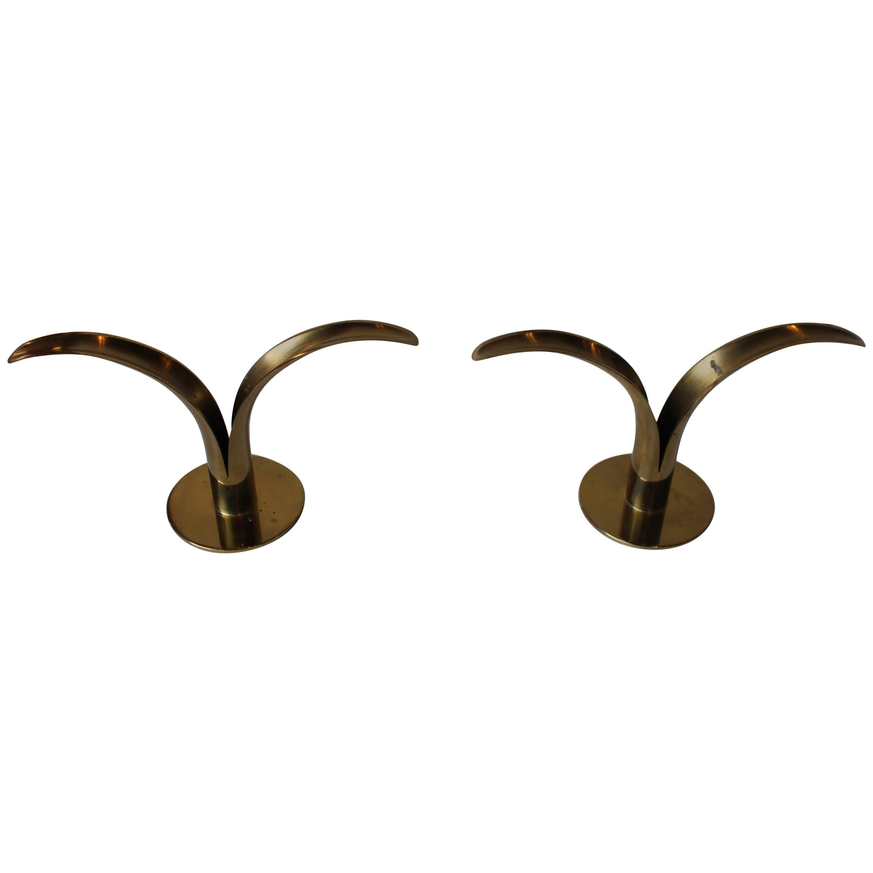 Pair of Ystad Metal Brass Lily Candlesticks For Sale