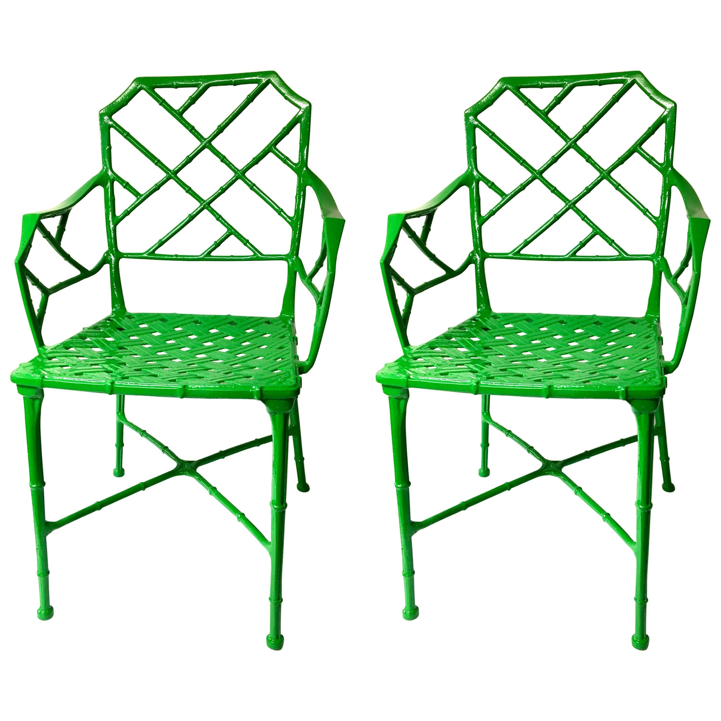 Pair of Brown Jordan Faux Bamboo Calcutta Chippendale Arm Patio Chairs