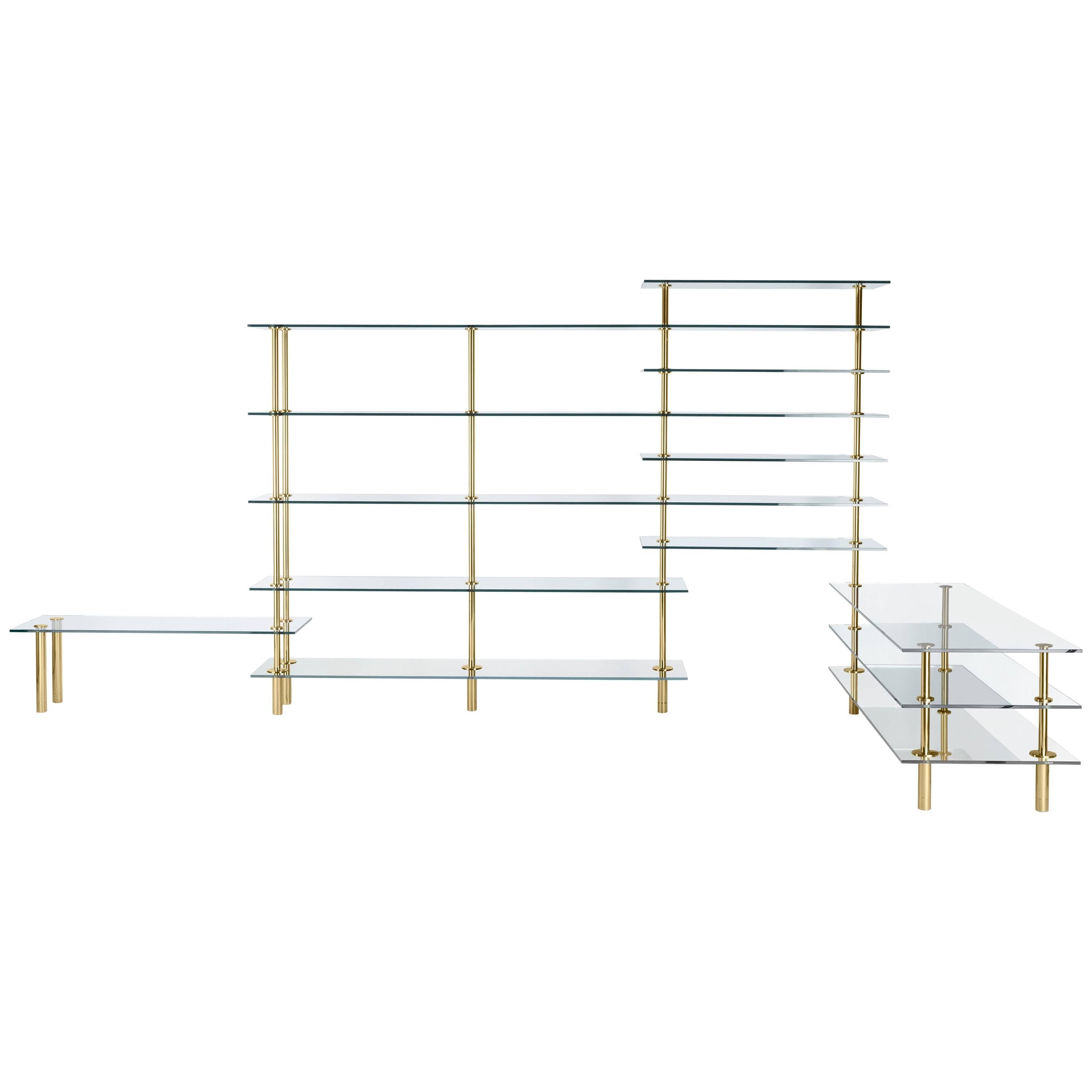 Legs Crystal and Polished Brass Angular Bookcase Designed by Paolo Rizzatto