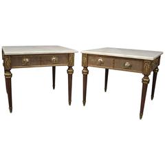 Pair of Vintage French Style Low Tables with Marble Bronze and Porcelain Plaques