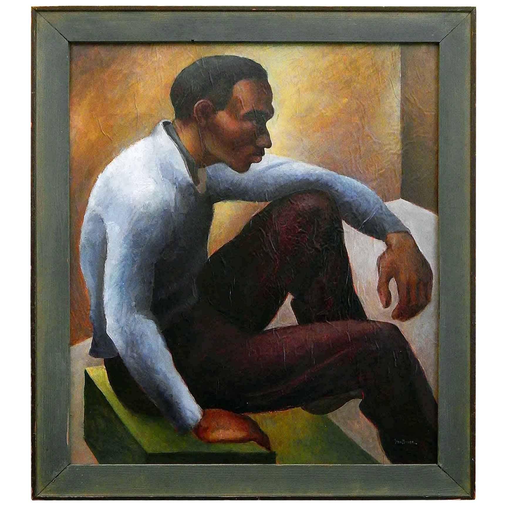 "Black Figure in Yellow Room, " 1930s Portrait by Student of Thomas Hart Benton For Sale