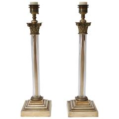 Pair of Bronze and Crystal Neoclassical Revival Column Form Table Lamps 4