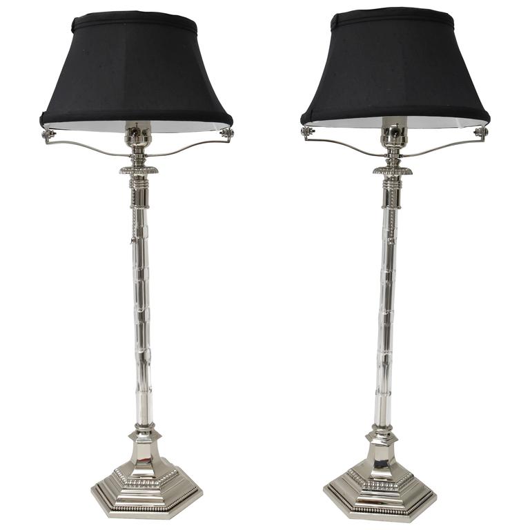 Pair of Art Deco Vanity Table Lamps, Nickle Plate and Cut Crystal