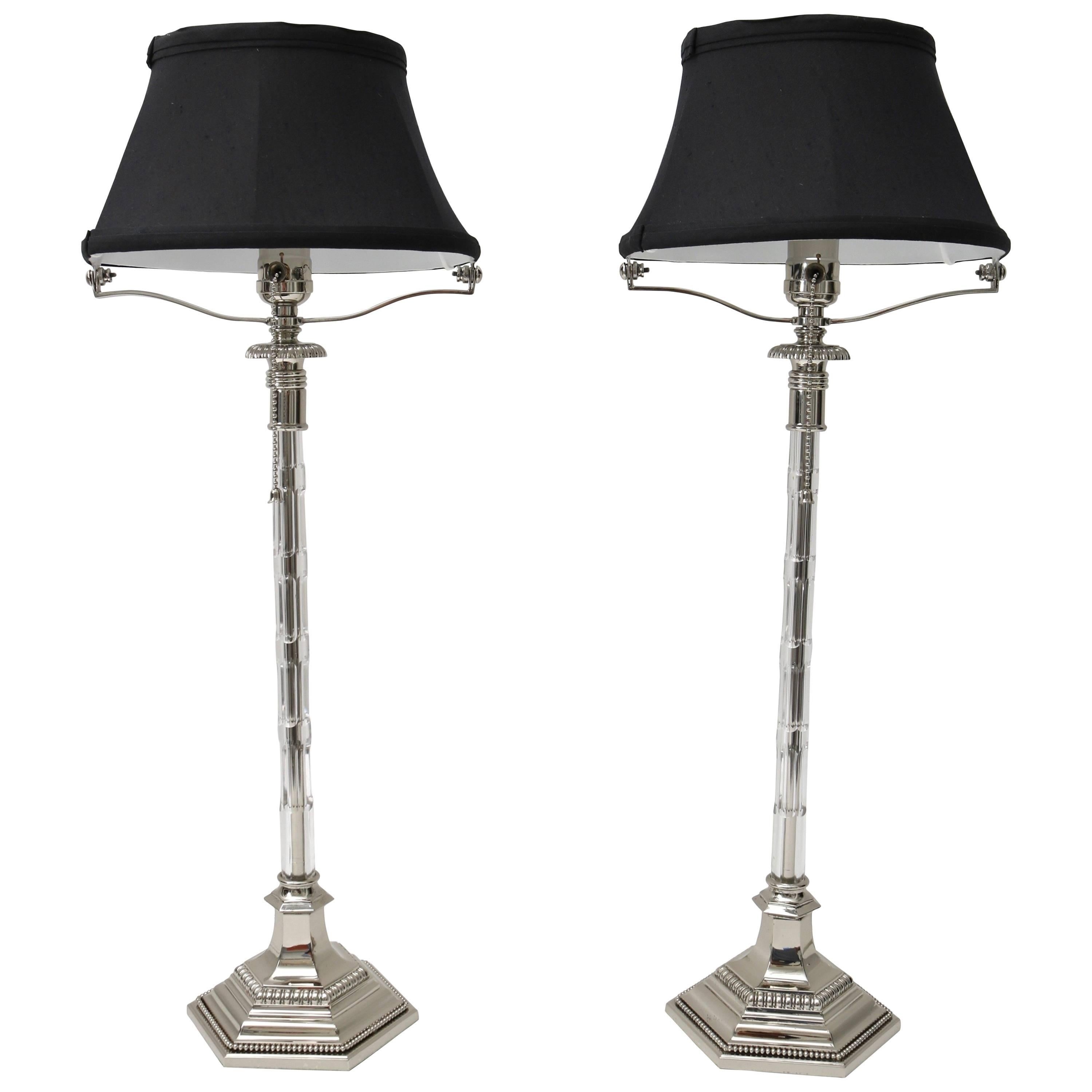 Pair of Art Deco Vanity Table Lamps, Nickle Plate and Cut Crystal, Black Shade