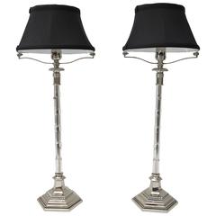 Antique Pair of Art Deco Vanity Table Lamps, Nickle Plate and Cut Crystal, Black Shade