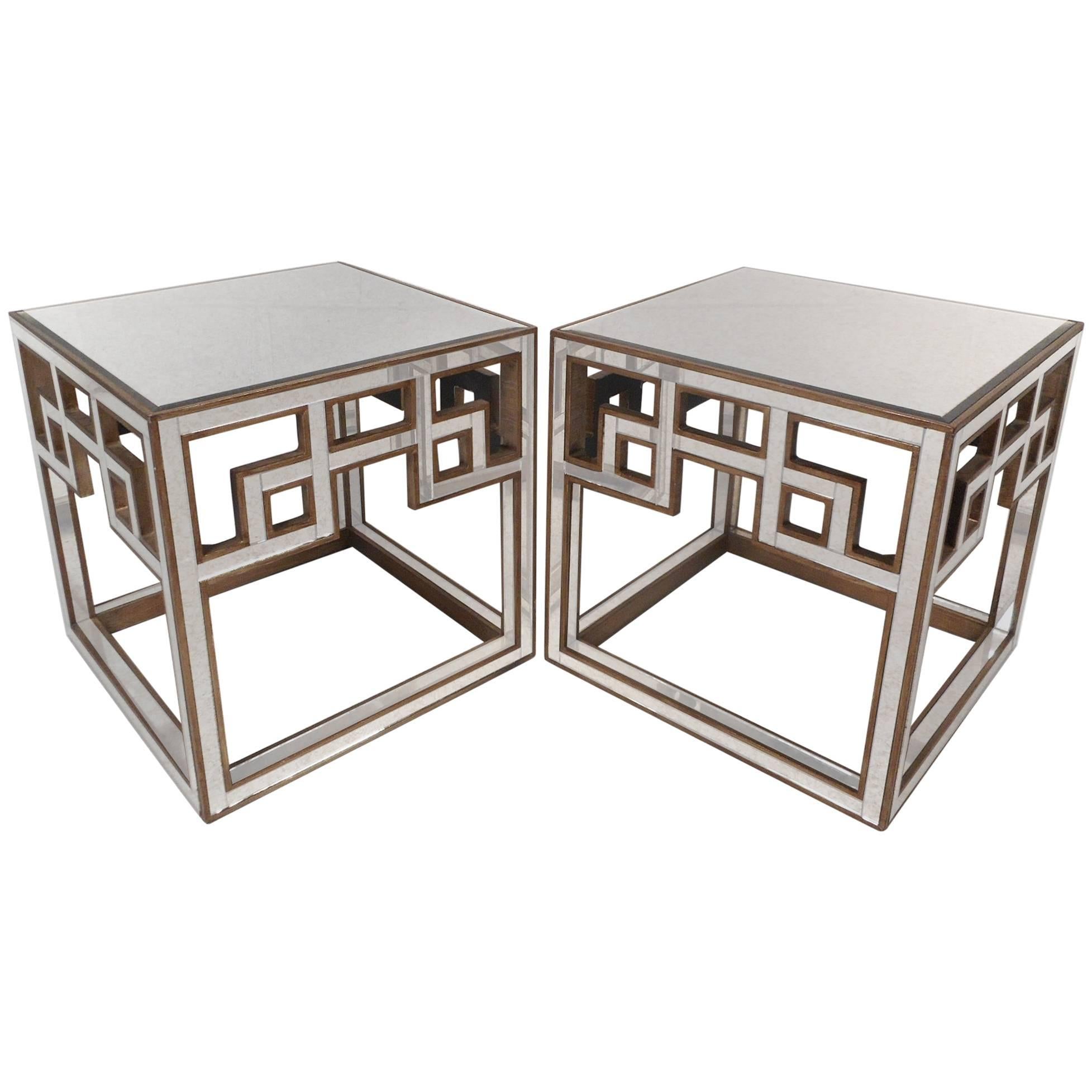 Elegant Pair of Mid-Century Modern Mirrored Hollywood Regency Style End Tables