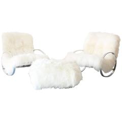 Set of Selig Rocking Chairs and Ottoman in Mongolian Sheepskin