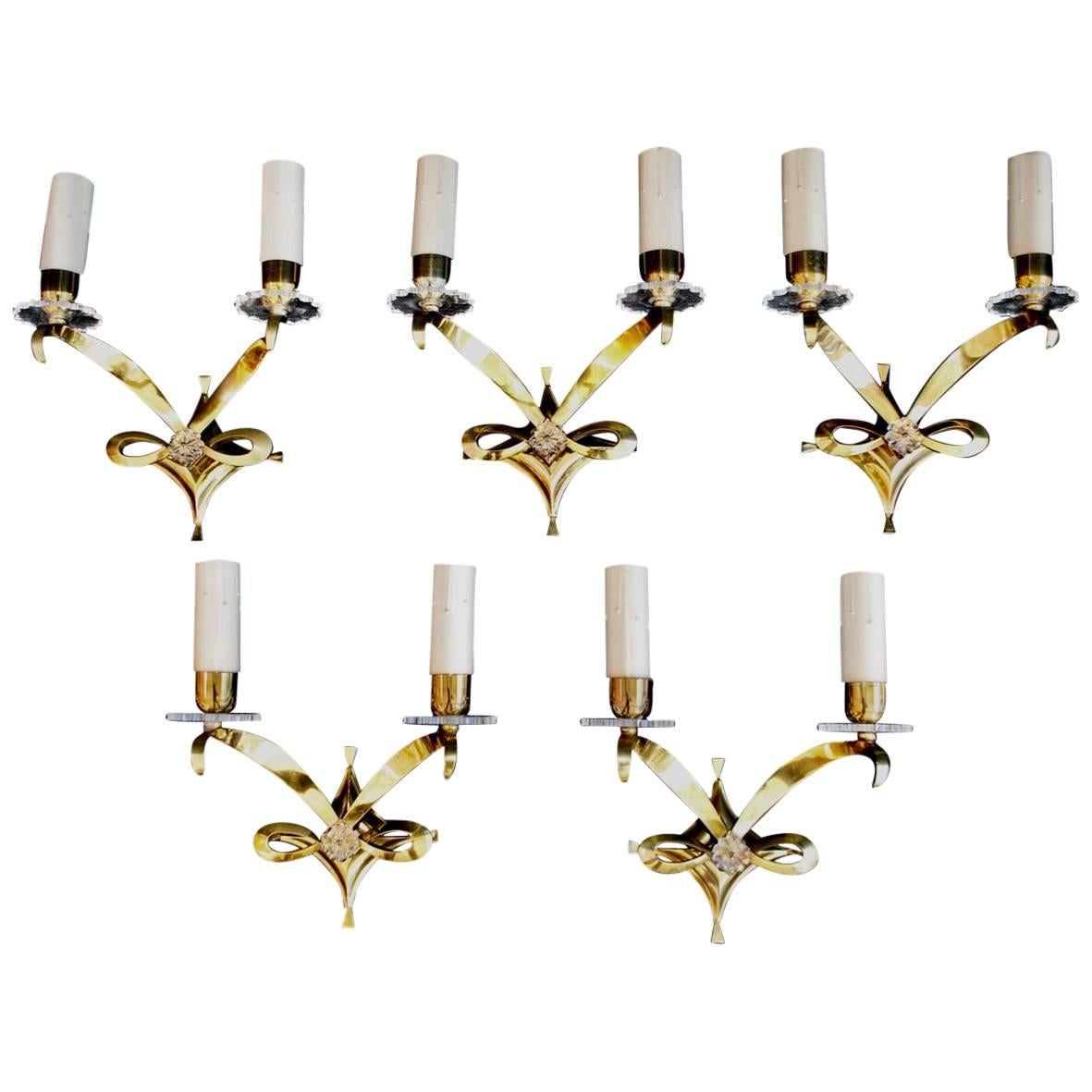 Rare and Beautiful Set of Five French Bronze Sconces by Jules Leleu For Sale