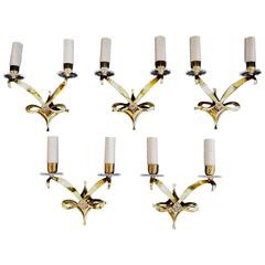 Rare and Beautiful Set of Five French Bronze Sconces by Jules Leleu