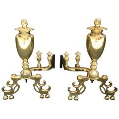 Pair of American Andirons with Matching Urn Double Log Stops
