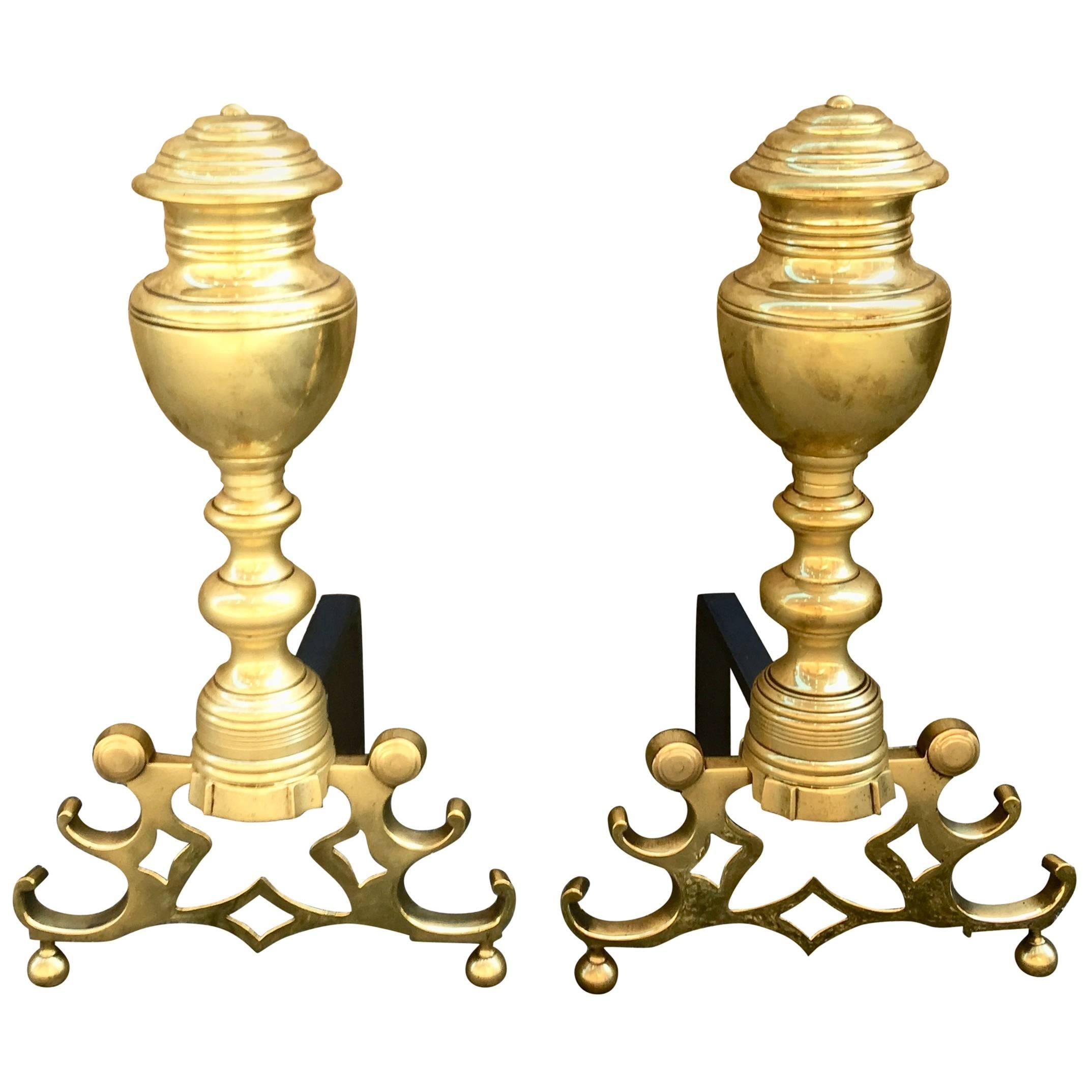 American Urn Top Andirons with Ornate Base For Sale