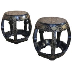 Pair of Mid-Century French Chinoiserie Ebonized Gold Painted Stools