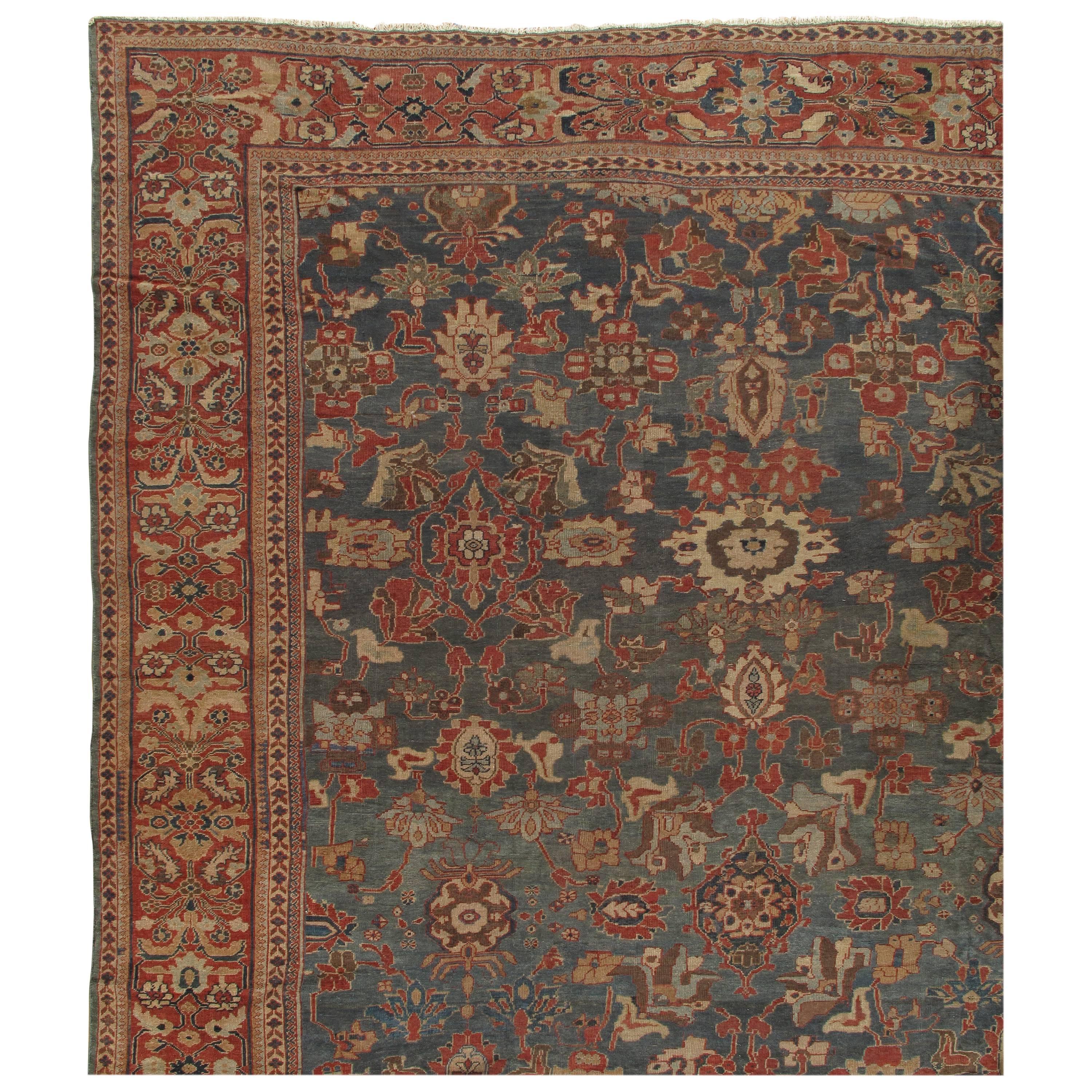 Tapis persan ancien Sultanabad, fabriqué à la main, gris, bleu, vert et rouge doux