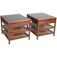 Pair of Side Tables by Paul McCobb with Leather Tops and Brass Edge