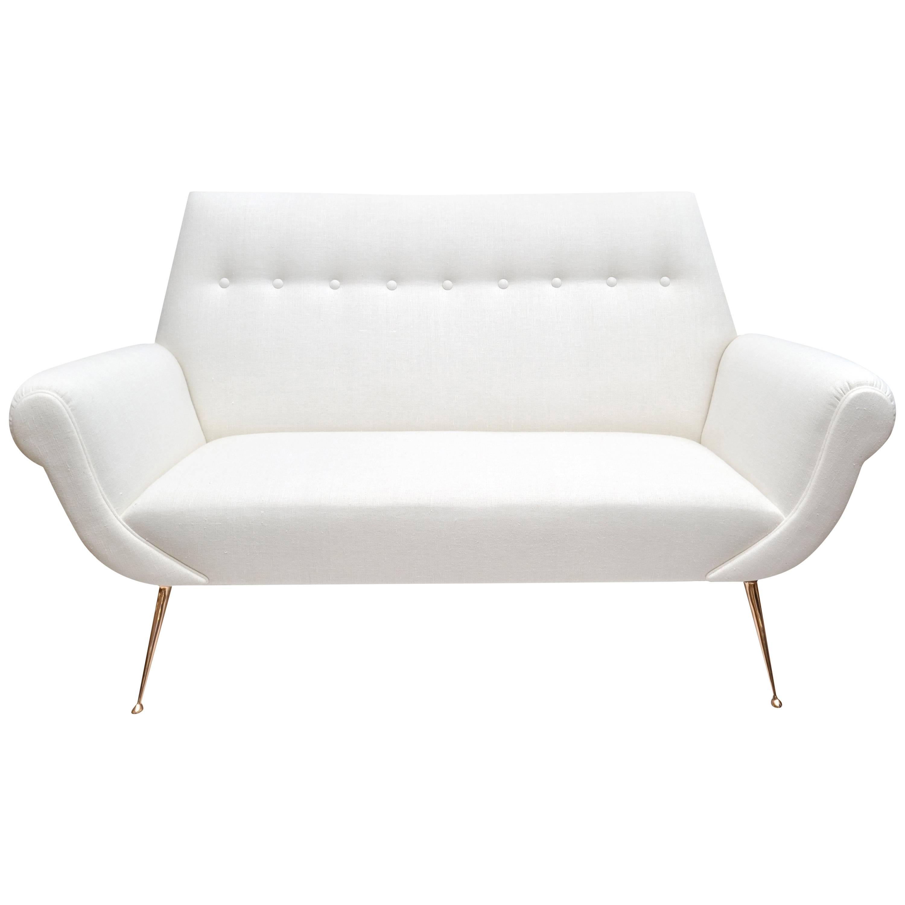 Mid-Century Modern White Sofa by Gigi Radice for Minotti with Solid Brass Legs