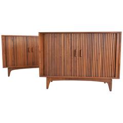 Used Pair of Walnut Tambour Door Cabinets, circa 1970