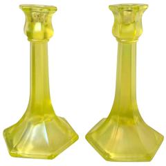 Antique Iridescent American Vaseline Glass Candlesticks, Pair