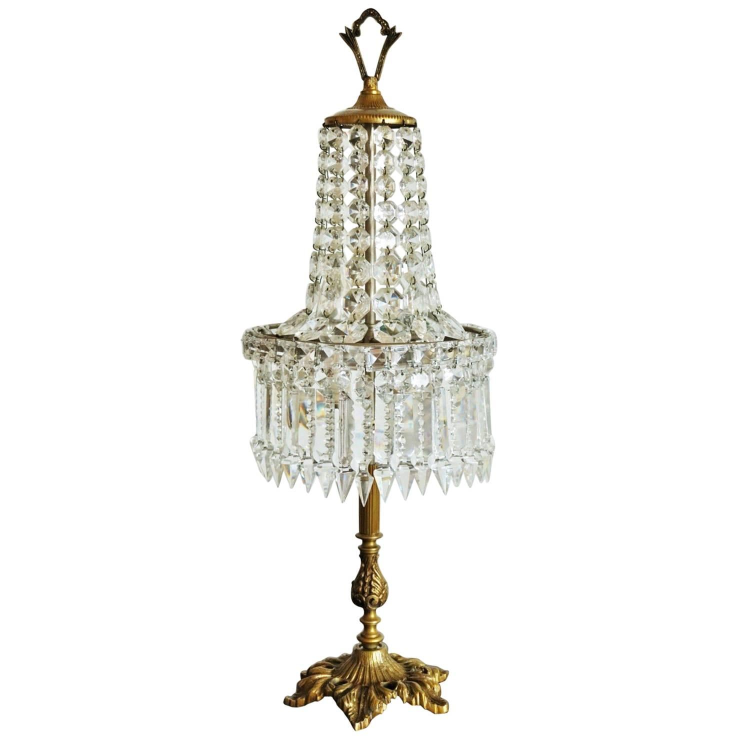 Vintage Cut Crystal and Bronze Two-Light Table Lamp Chandelier