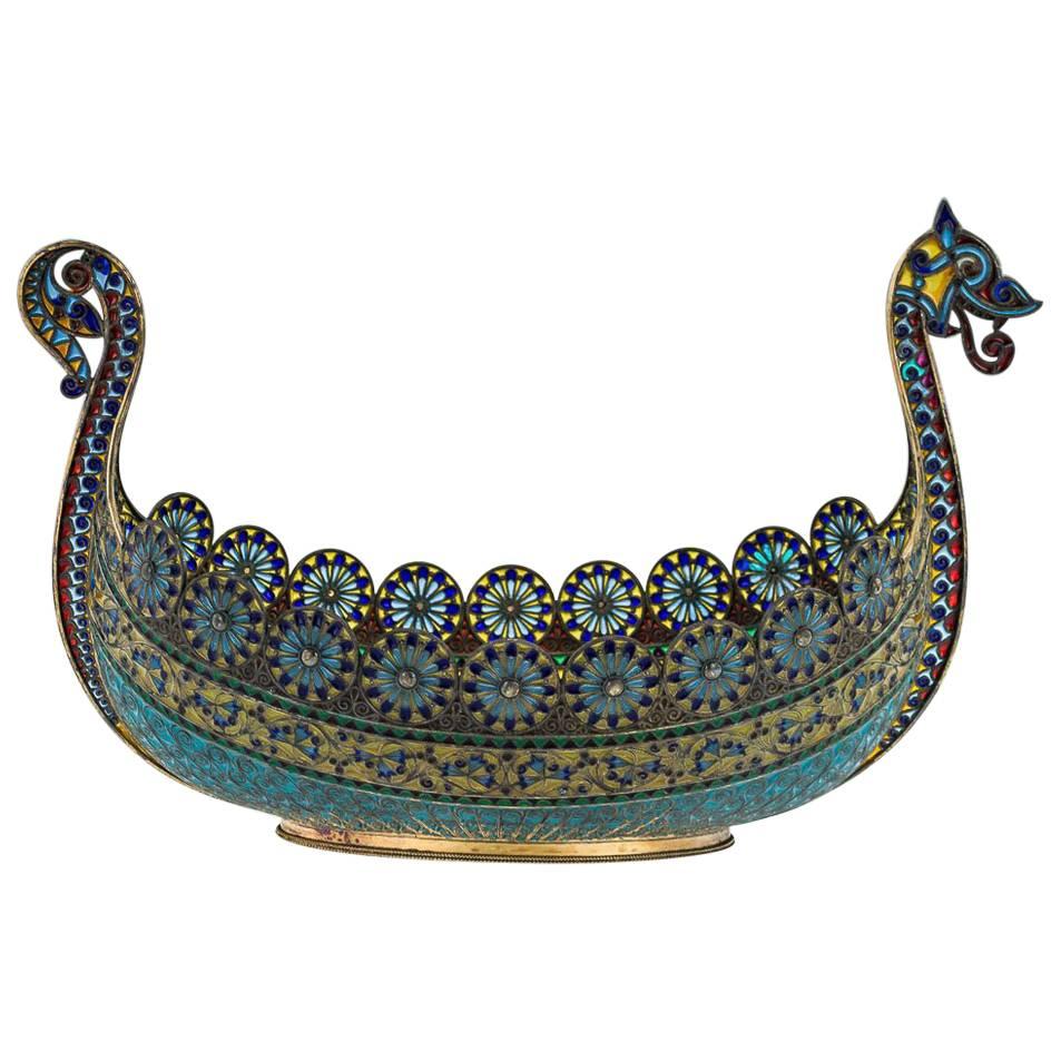 19th Century Norwegian Silver 
Plique-a-jour Enamel Viking Boat, circa 1890