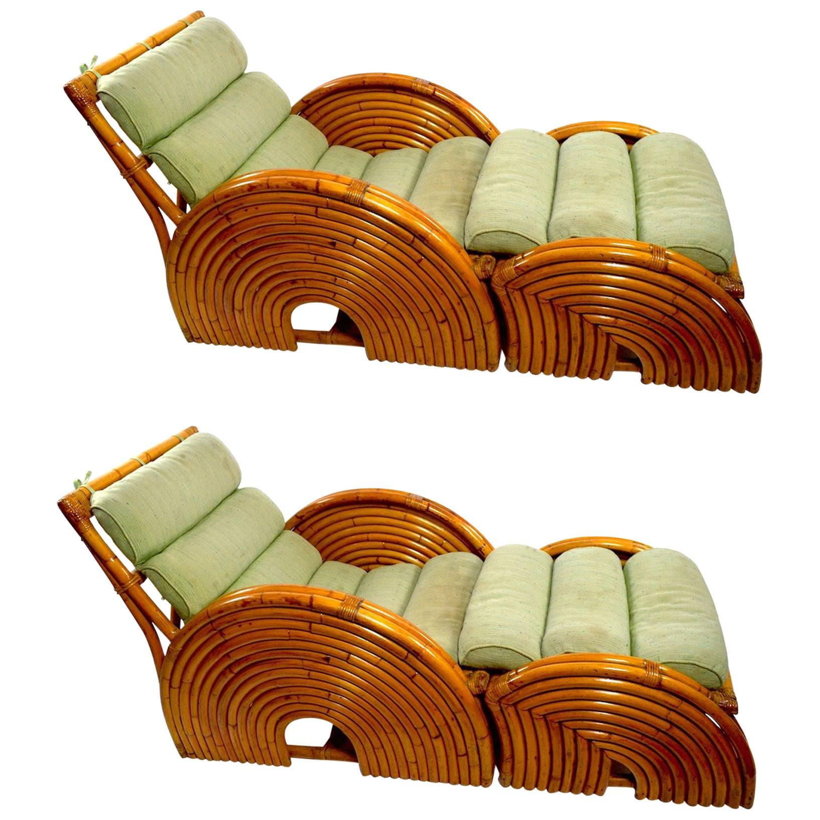 Incredible Pair of Bamboo Chairs with Ottomans