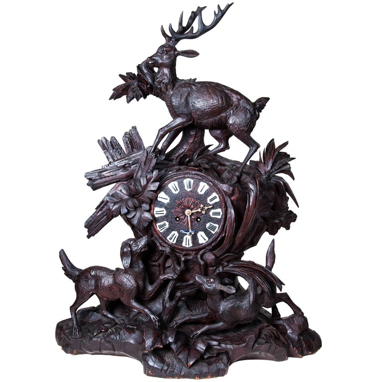 19th Century Black Forest Hand-Carved Clock For Sale at 1stDibs