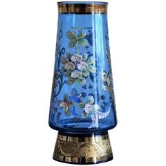 Bohemian Blue Art Glass Vase 22 Karat Gold Gilded Enameled Decor Floral Motif