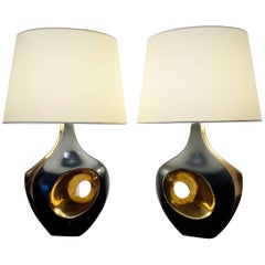 Pair of Black and Gilded Ceramic Table Lamps 8