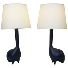 Mid-20th Century Pair of Zoomorphic Black Satin Ceramic Table Lamps