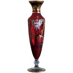 Bohemian Robin Glass Vase 22-Karat Gold Gilted Enameled Decor Floral Motif
