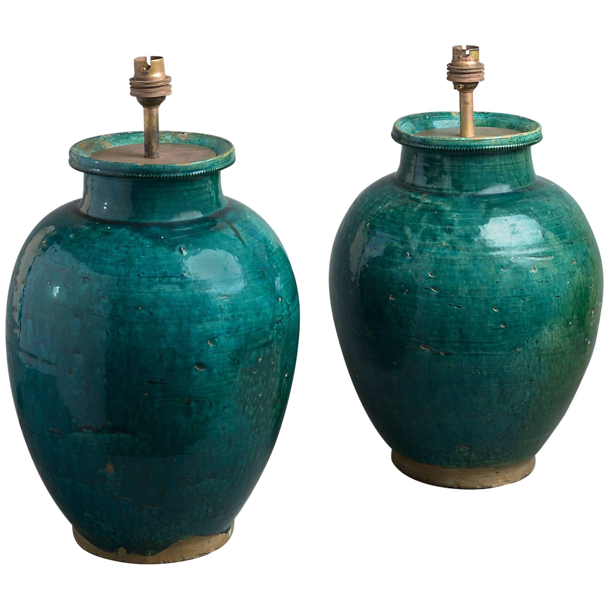 Pair of Green Glazed Bulbous Vases as Lamps