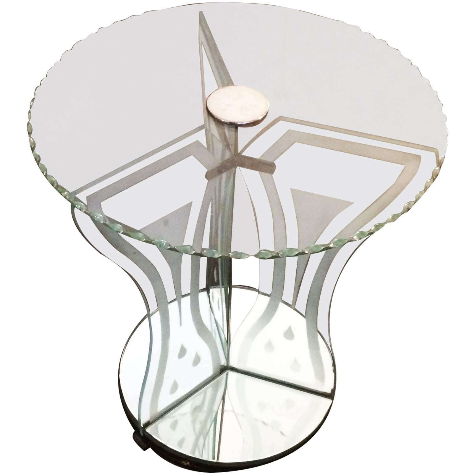Art Deco Etched Glass Mirror Coffee Side Table For Sale