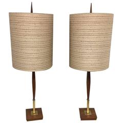 Pair of Walnut and Brass Mid-Century Modern Lamps with Original Shades 8