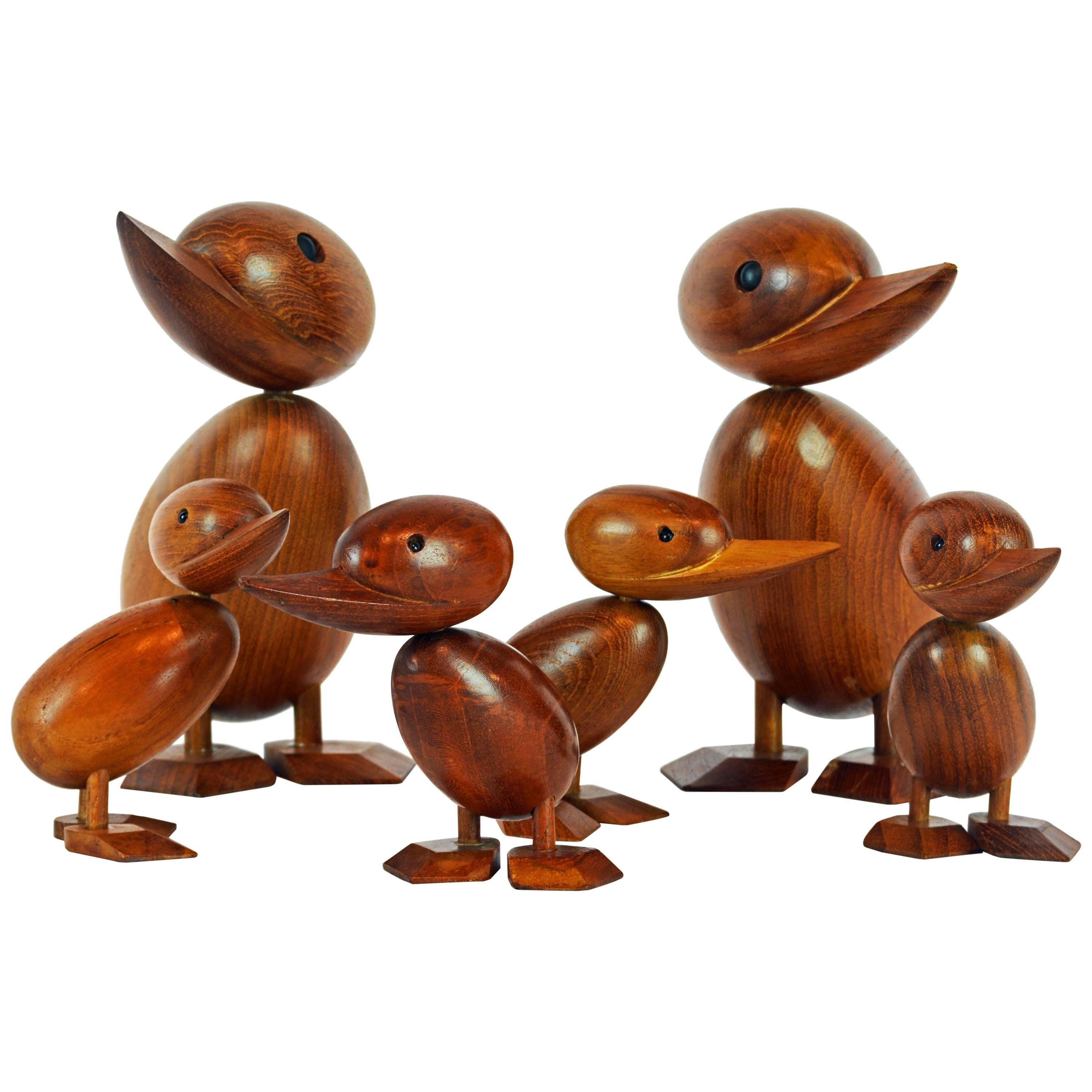 Mid-Century Modern Vintage Family of Six Handmade Teak Wood Ducks, Hans Bolling