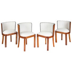 Set of Four Walnut and Leather Art Deco Chairs