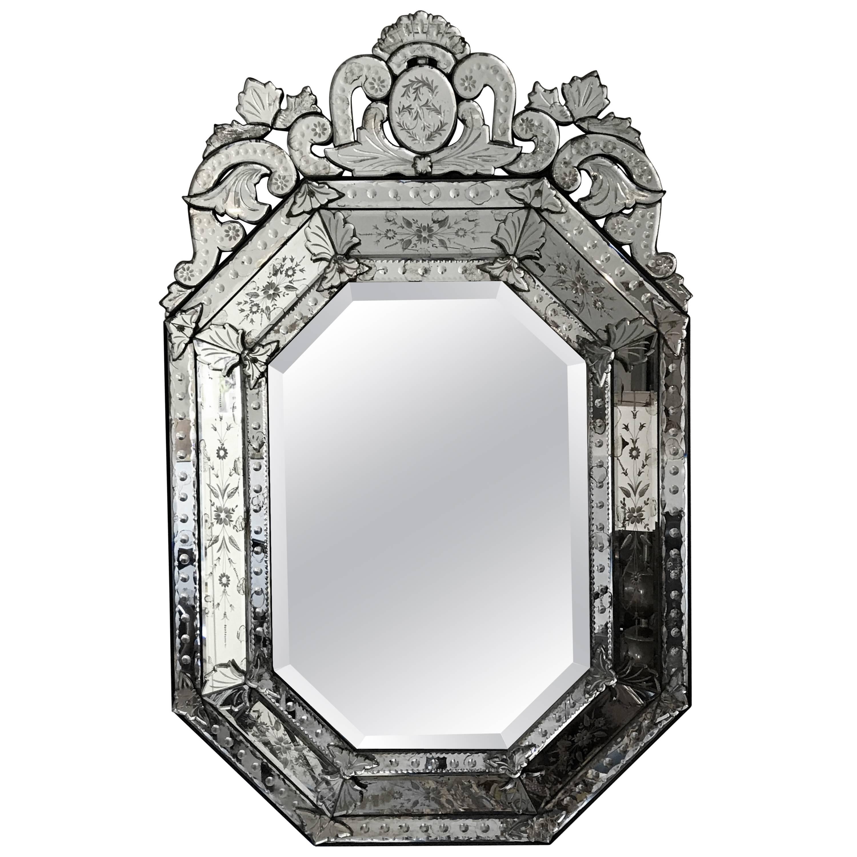 Massive Italian Venetian Mirror, Hand Etched, Octagon Shaped, Early 20th Century