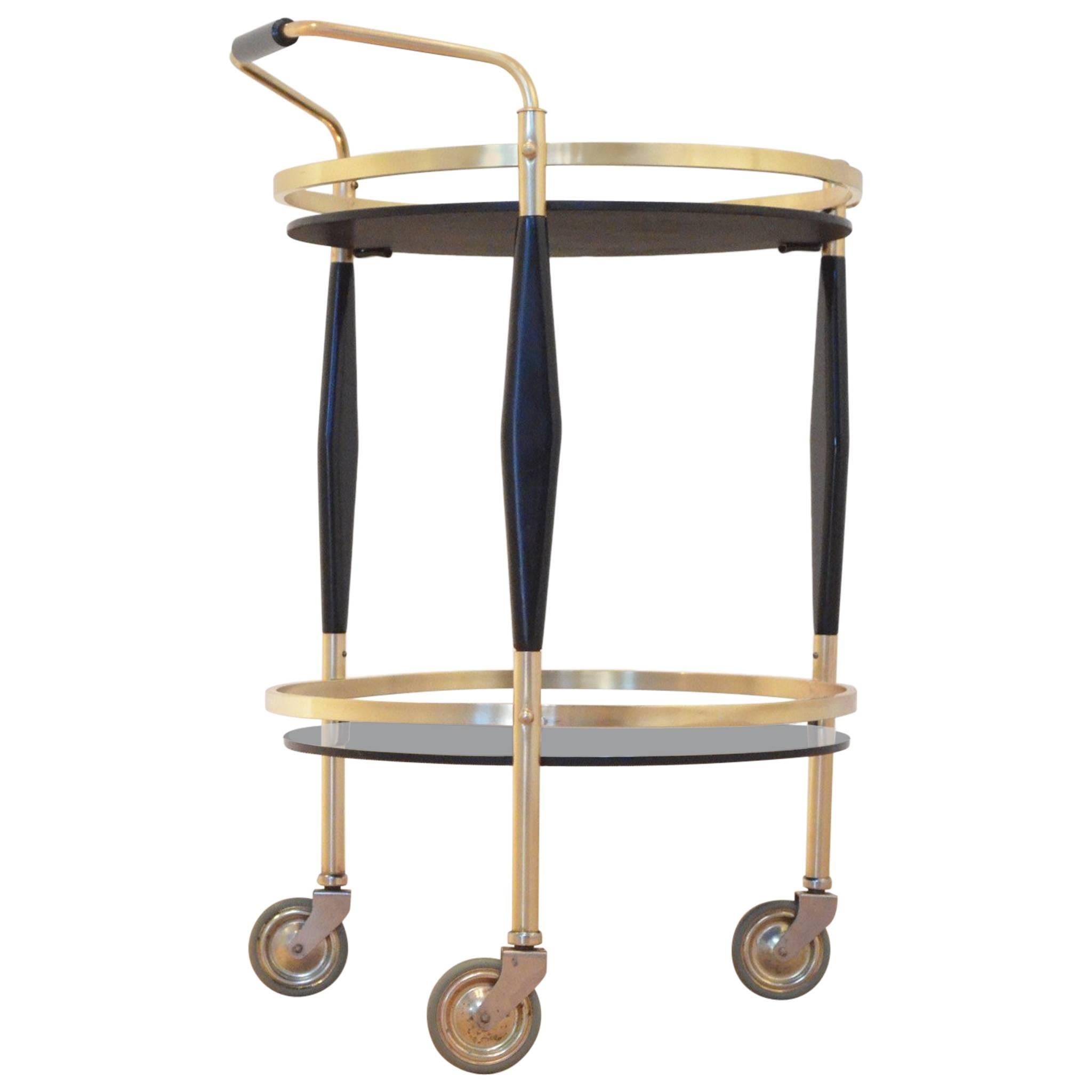 French Hollywood Rengency Design Black Brass Maison Jansen Style Serving Trolley