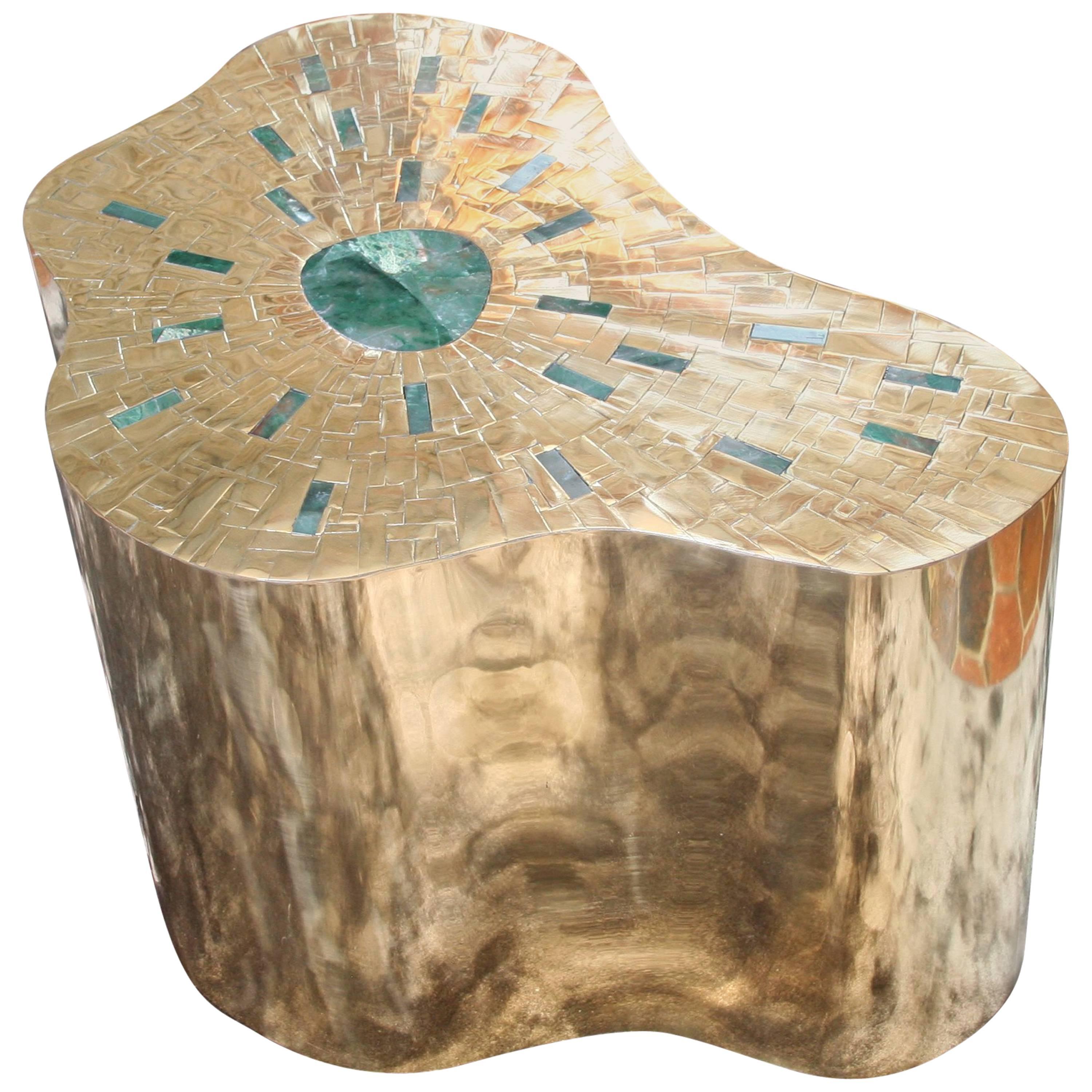 Pedestal in Brass Marquetry and Jade, Exclusive Model by Arriau, Model Cloudy For Sale