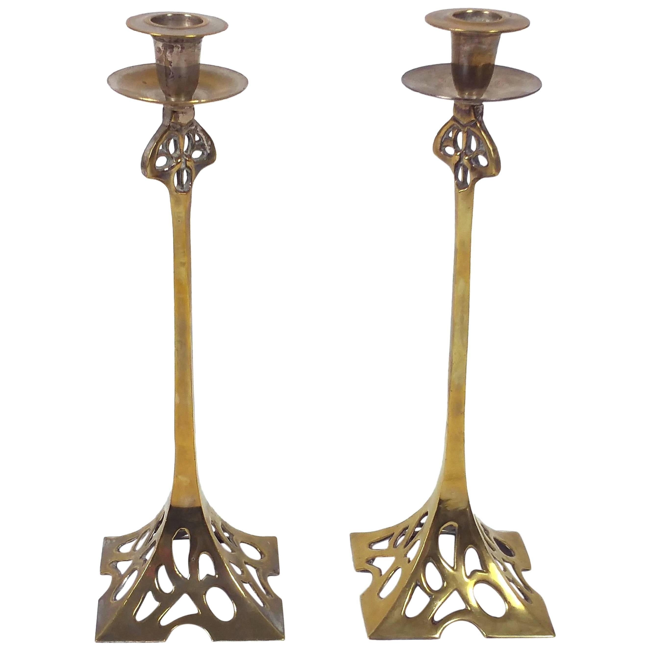 Pair of Art Nouveau 19th Century Brass Candlesticks For Sale