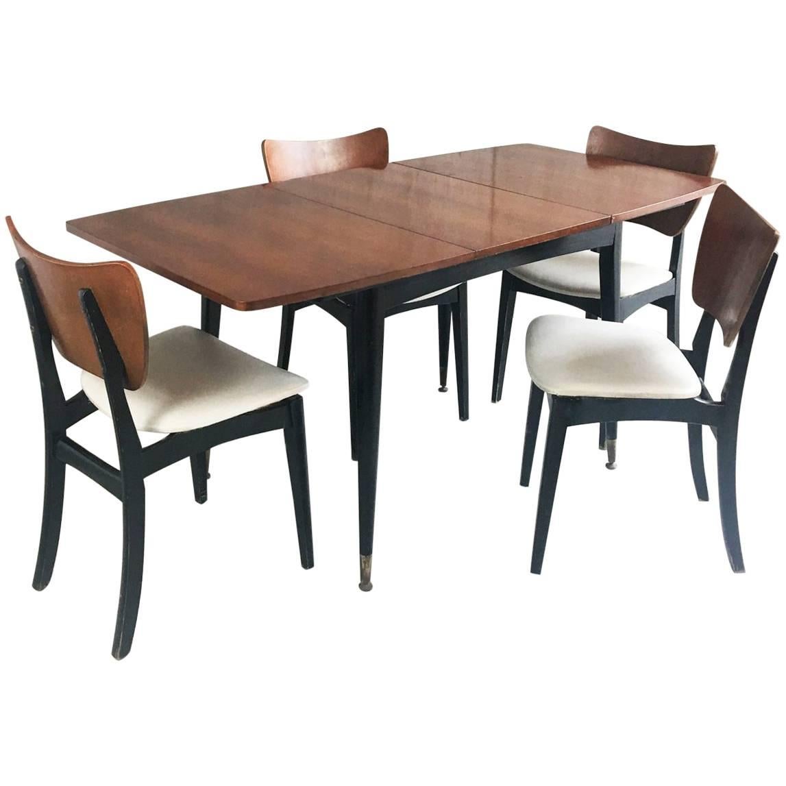 1960s Vintage Mid-Century Extendable Dining Table and Four Dining Chairs For Sale