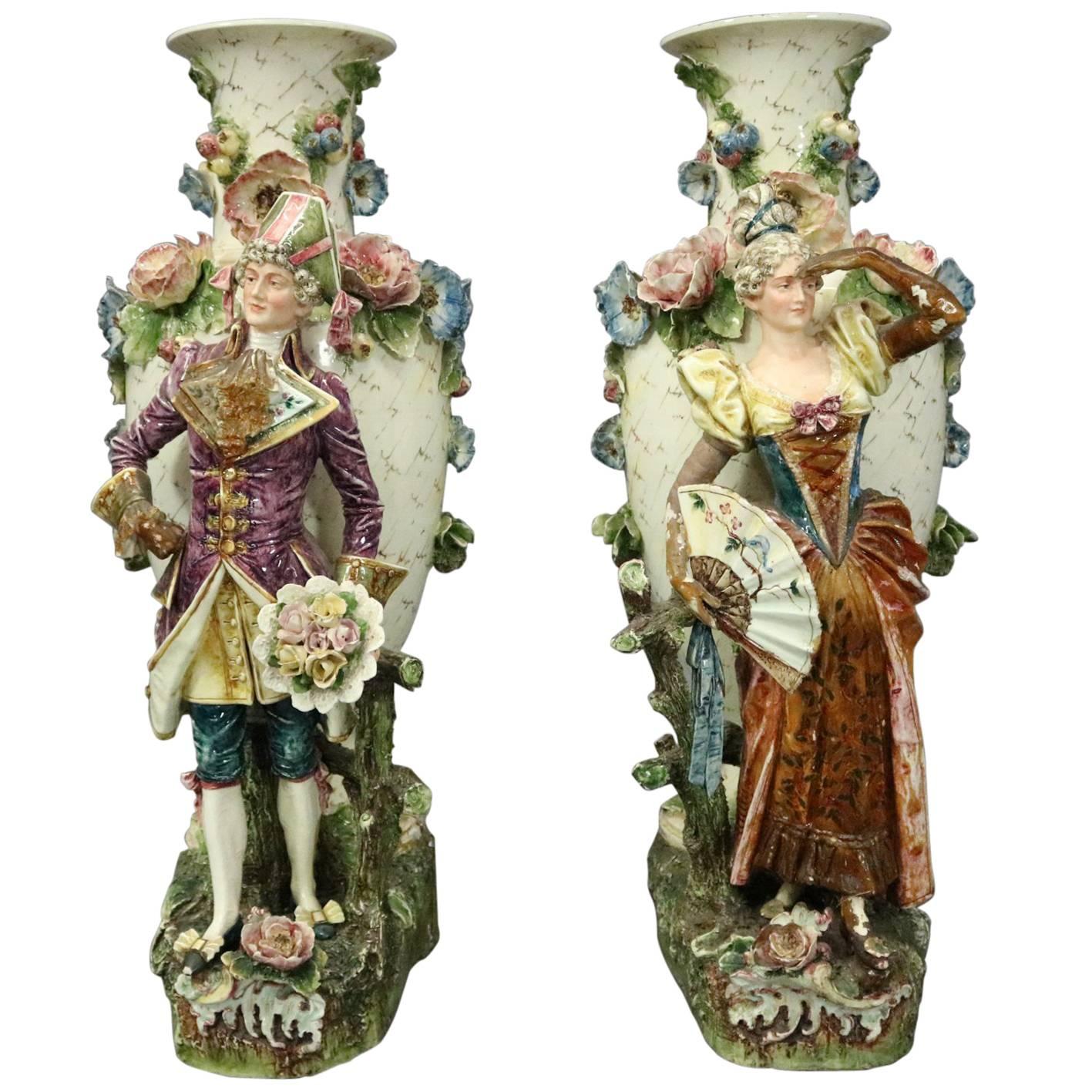 Pair of Antique Monumental Austrian Majolica Figural Floor Vase Sculptures