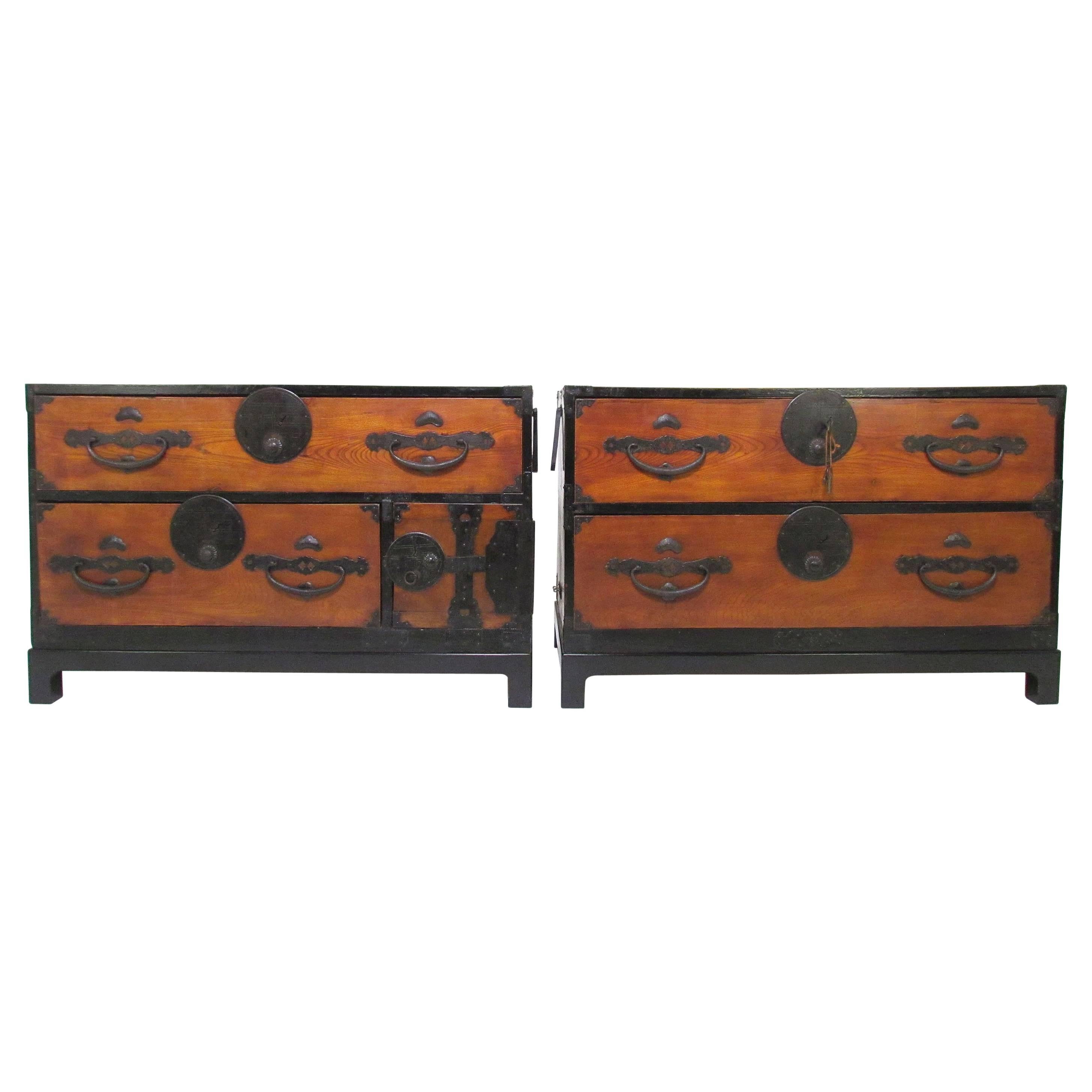 Pair of Antique Meiji Period Japanese Tansu Low Chests