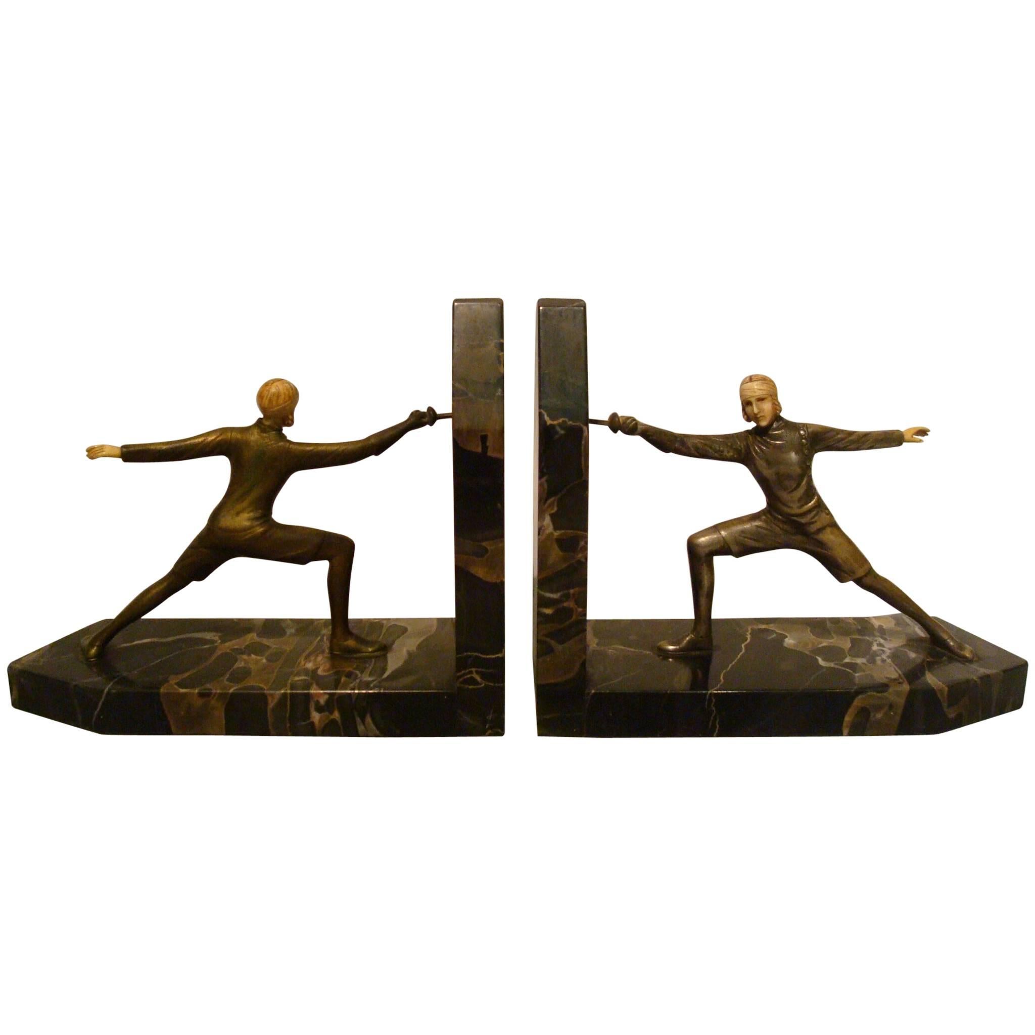 Art Deco Bronze Fencing Bookends, R. Lange, German, 1920s