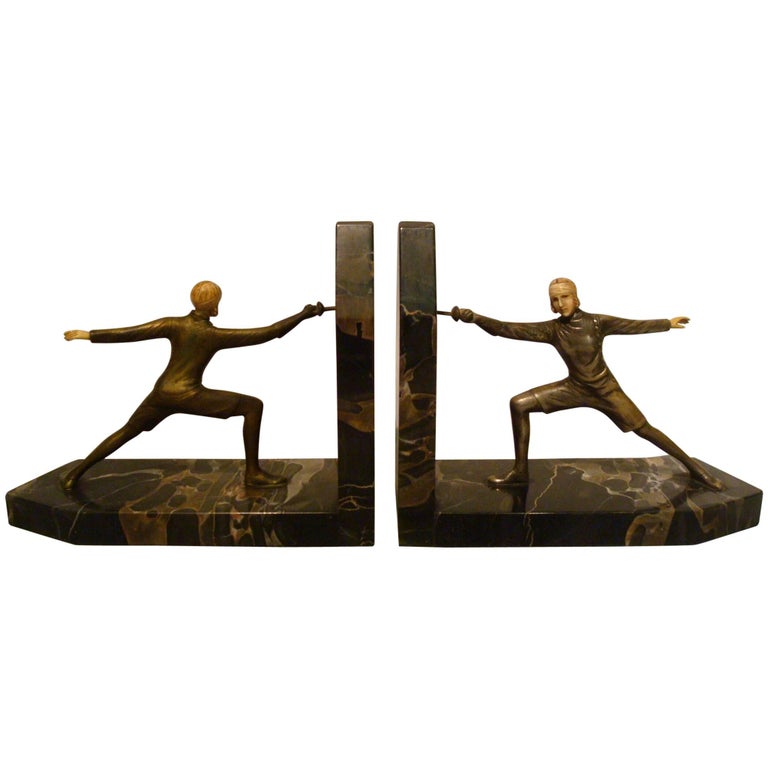 Art Deco Bronze Fencing Bookends, R. Lange, German, 1920s For Sale