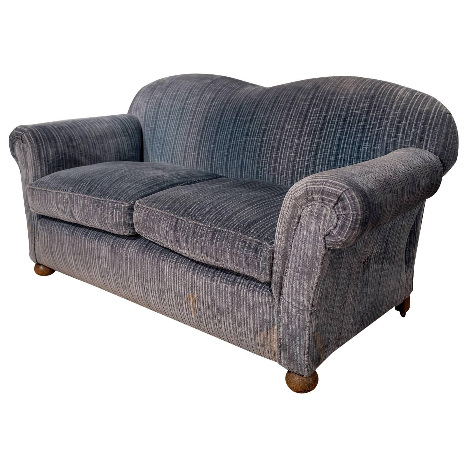 Antique Victorian Chesterfield Sofa Drop Arm Settee Blue Two-Seat, circa 1900