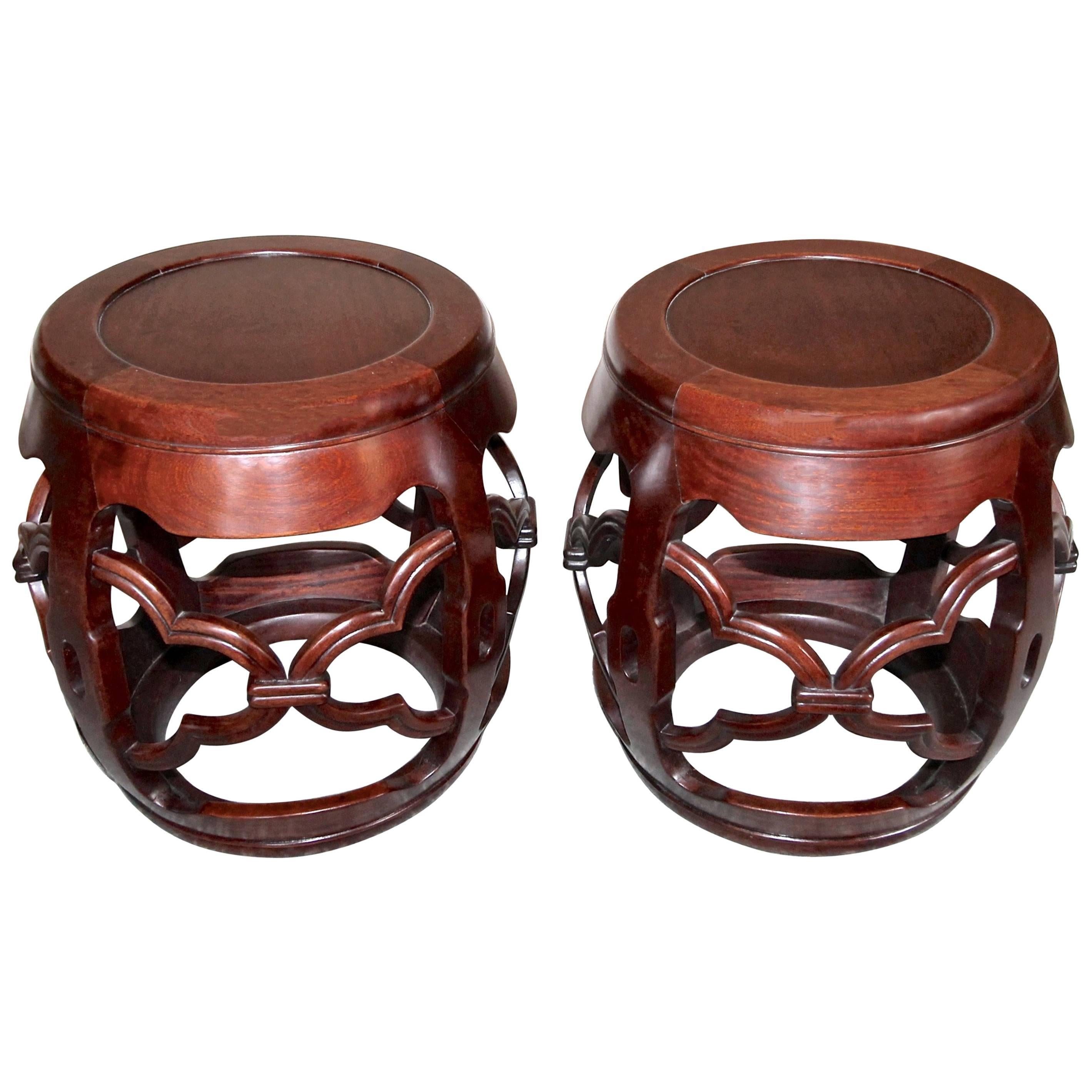 Pair of Vintage Chinese Asian Hardwood Garden Seat Stools For Sale
